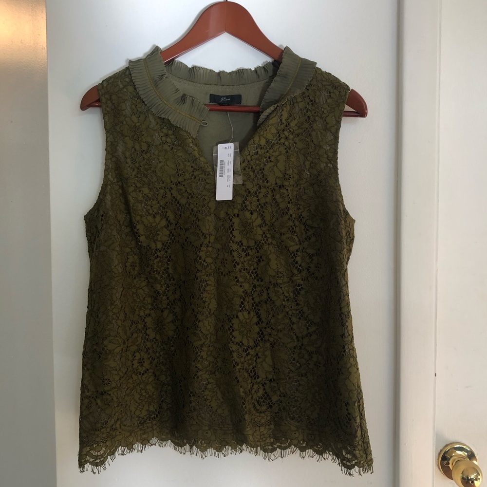 J. Crew Lace Ruffle-Neck Top in Burnished Moss NWT - Picture 8 of 16